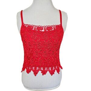 VTG 90s Y2K Cami Crop Top Red Floral Crochet Lace‎ Camisole Sz M L USA Made Boho
